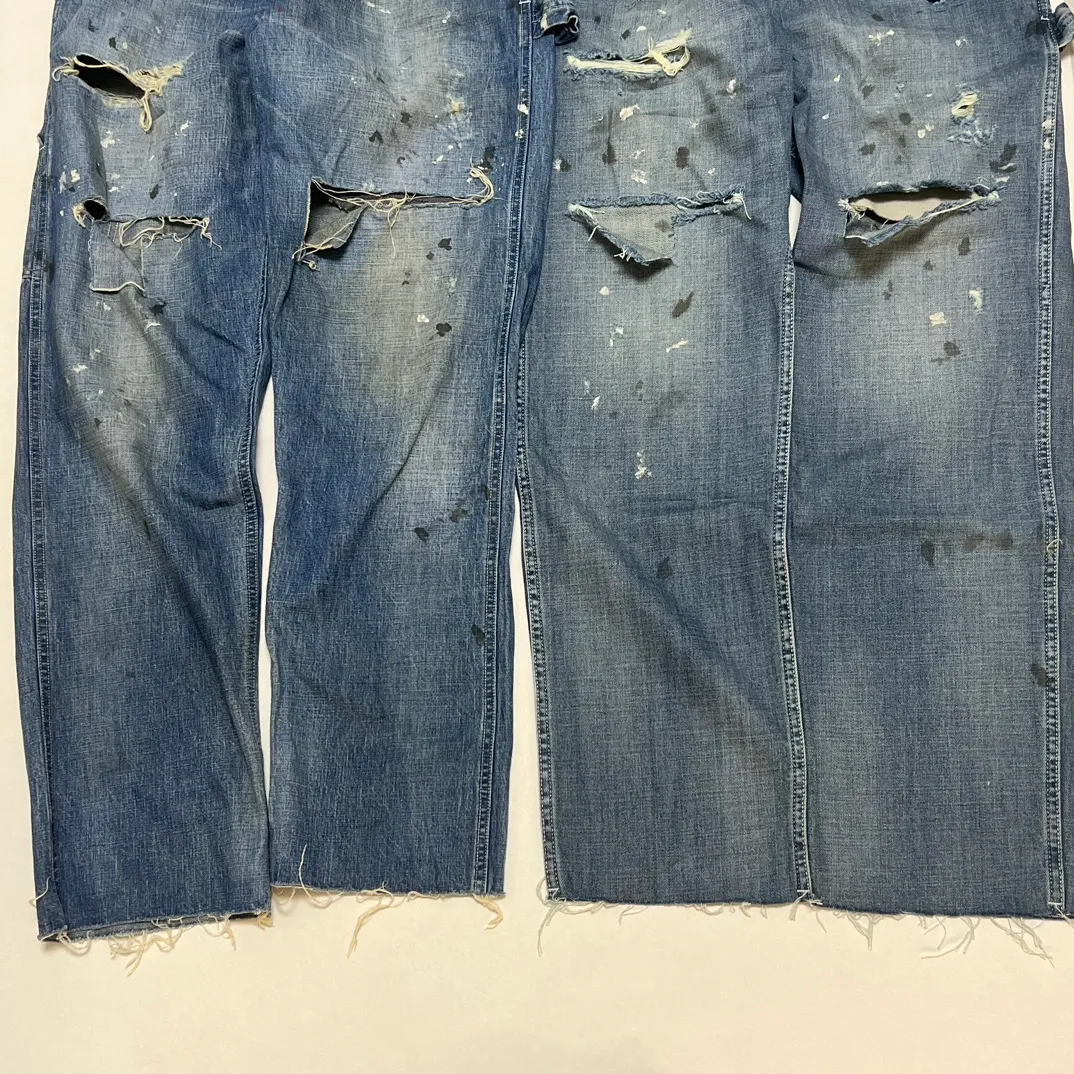 Proofing VS ZP SAINT Mxxxxxx SAINT_DENIM PANTS/PAINTER /BLUE Knife cut holes and splashed ink logging trousers Patch jeans Blue S-XL All accessories are molded and customized Super heavy work Washed and worn Knife cut holes Artificial ink splashed graffiti Genuine version Loose and stylish